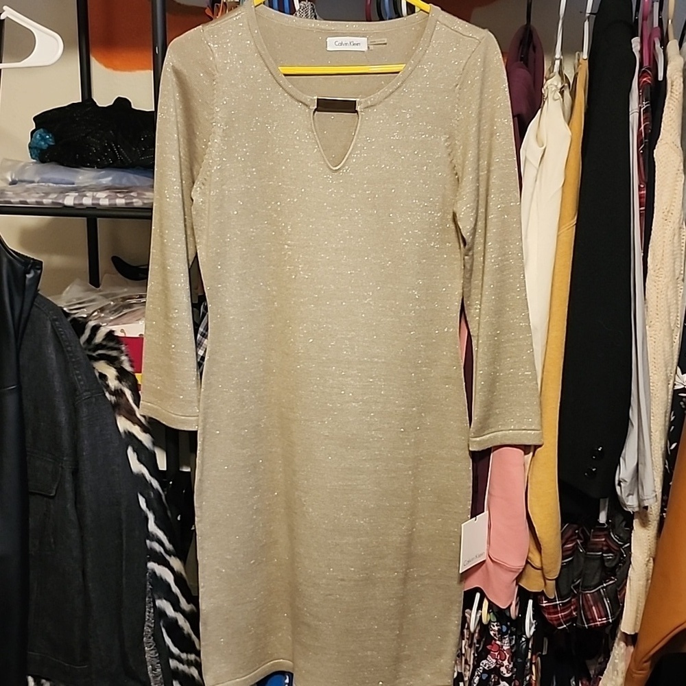Calvin Klein Gold Metallic Neck Keyhole Sweater Dress Size Womens Small NWT